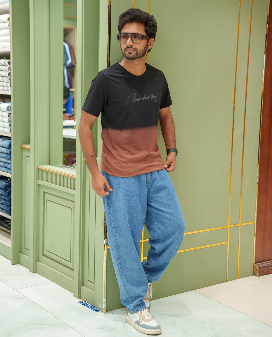 Black Cotton-Blended Ombre-Dyed T-Shirt Comes with Typographic Print, Crew Neck, Half Sleeves, Slim Fit, and Regular Length