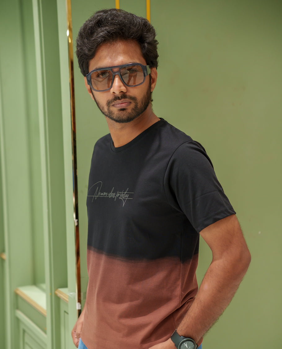 Black Cotton-Blended Ombre-Dyed T-Shirt Comes with Typographic Print, Crew Neck, Half Sleeves, Slim Fit, and Regular Length
