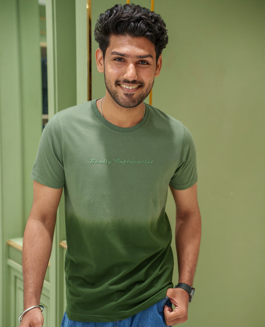 Green Cotton-Blended Ombre-Dyed T-Shirt Comes with Typographic Print, Crew Neck, Half Sleeves, Slim Fit, and Regular Length