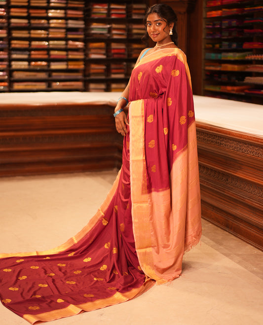 Maroon Peacock Buttas Fancy Mysore Silk Saree, Contrast Traditional Border, Contrast Blouse