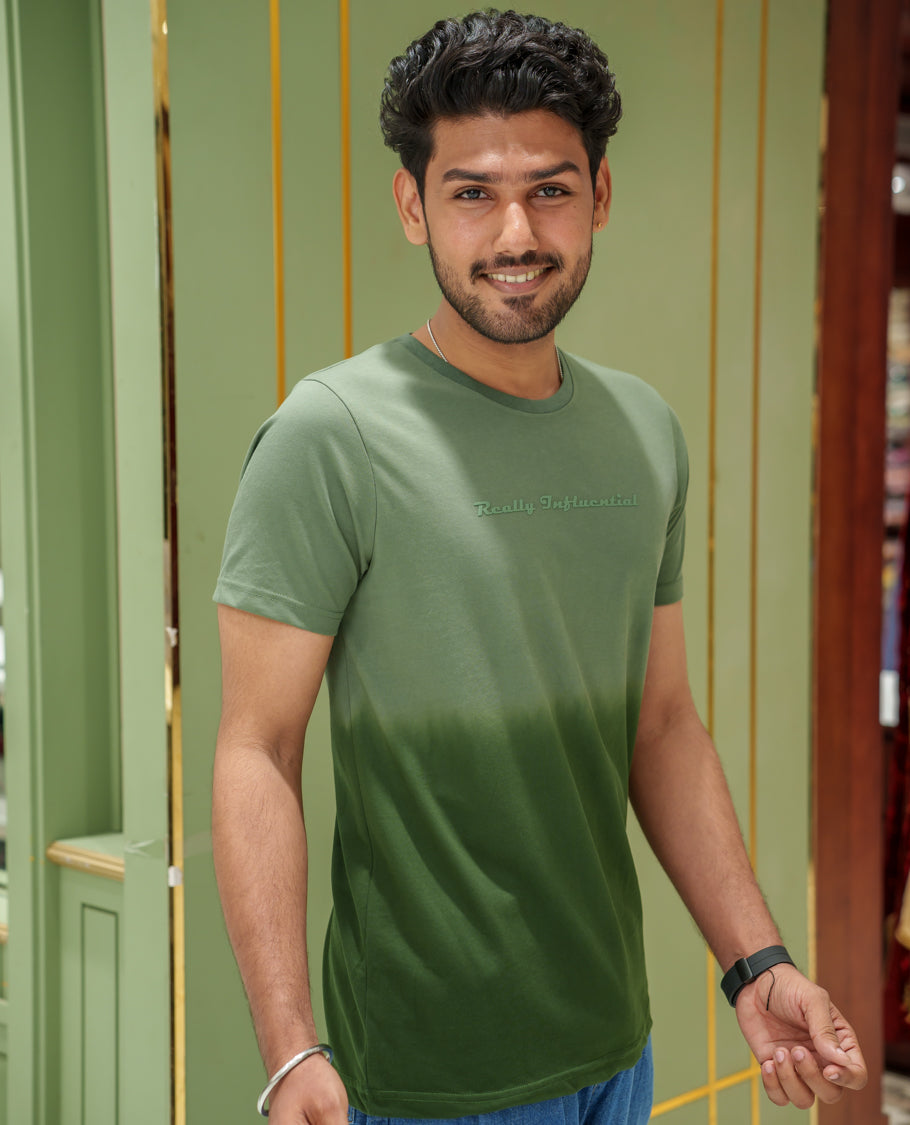 Green Cotton-Blended Ombre-Dyed T-Shirt Comes with Typographic Print, Crew Neck, Half Sleeves, Slim Fit, and Regular Length