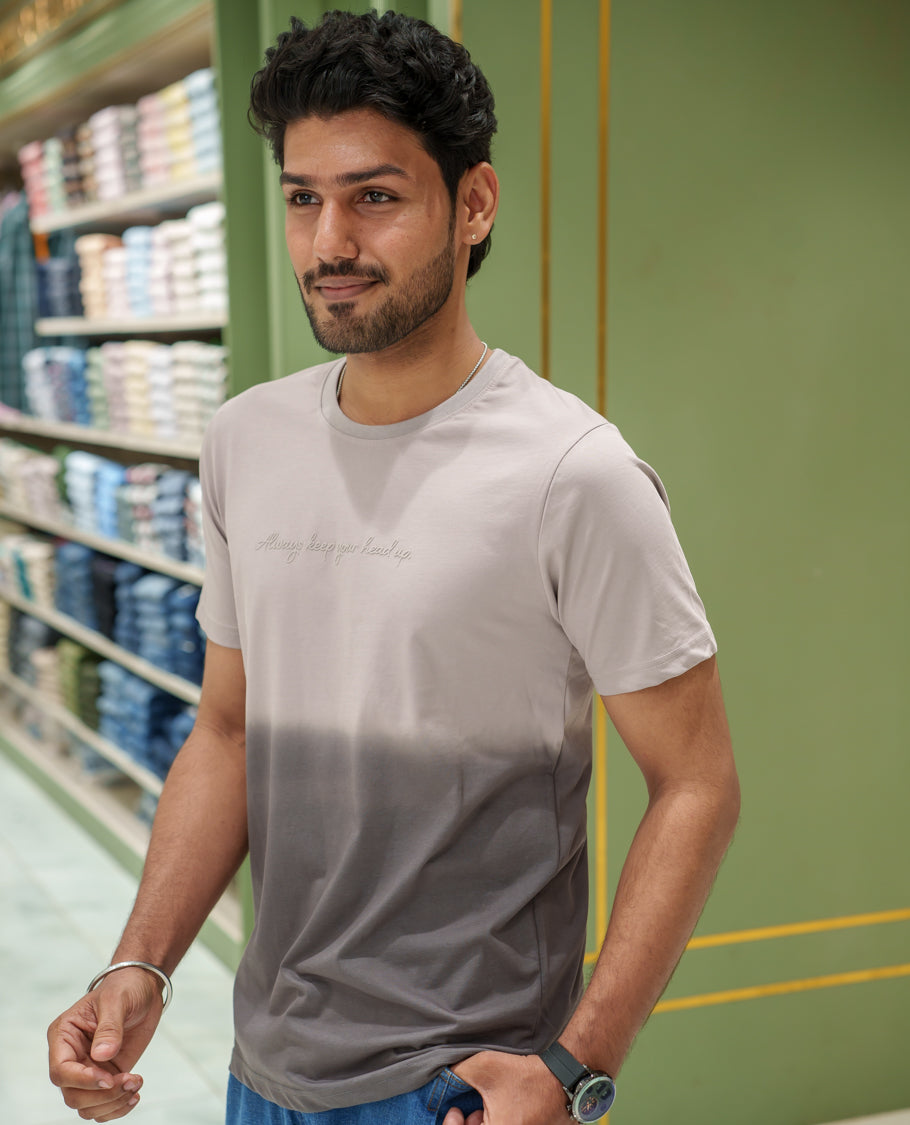 Grey Cotton-Blended Ombre-Dyed T-Shirt Comes with Typographic Print, Crew Neck, Half Sleeves, Slim Fit, and Regular Length