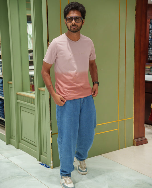 Pink Cotton-Blended Ombre-Dyed T-Shirt Comes with Typographic Print, Crew Neck, Half Sleeves, Slim Fit, and Regular Length