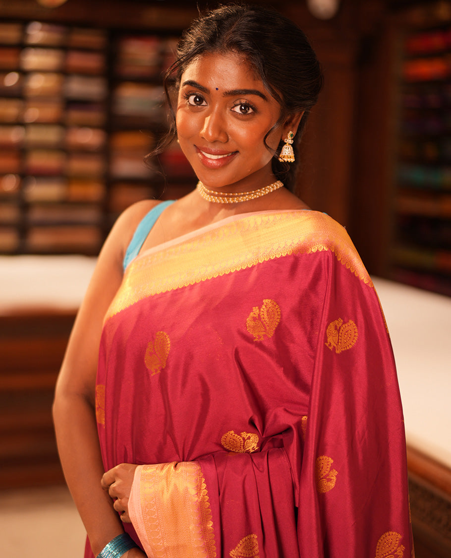 Maroon Peacock Buttas Fancy Mysore Silk Saree, Contrast Traditional Border, Contrast Blouse