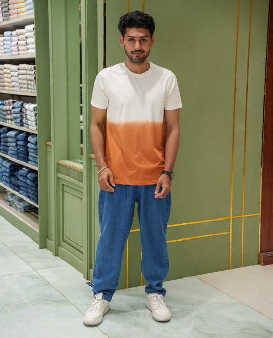White Cotton-Blended Ombre-Dyed T-Shirt Comes with Typographic Print, Crew Neck, Half Sleeves, Slim Fit, and Regular Length