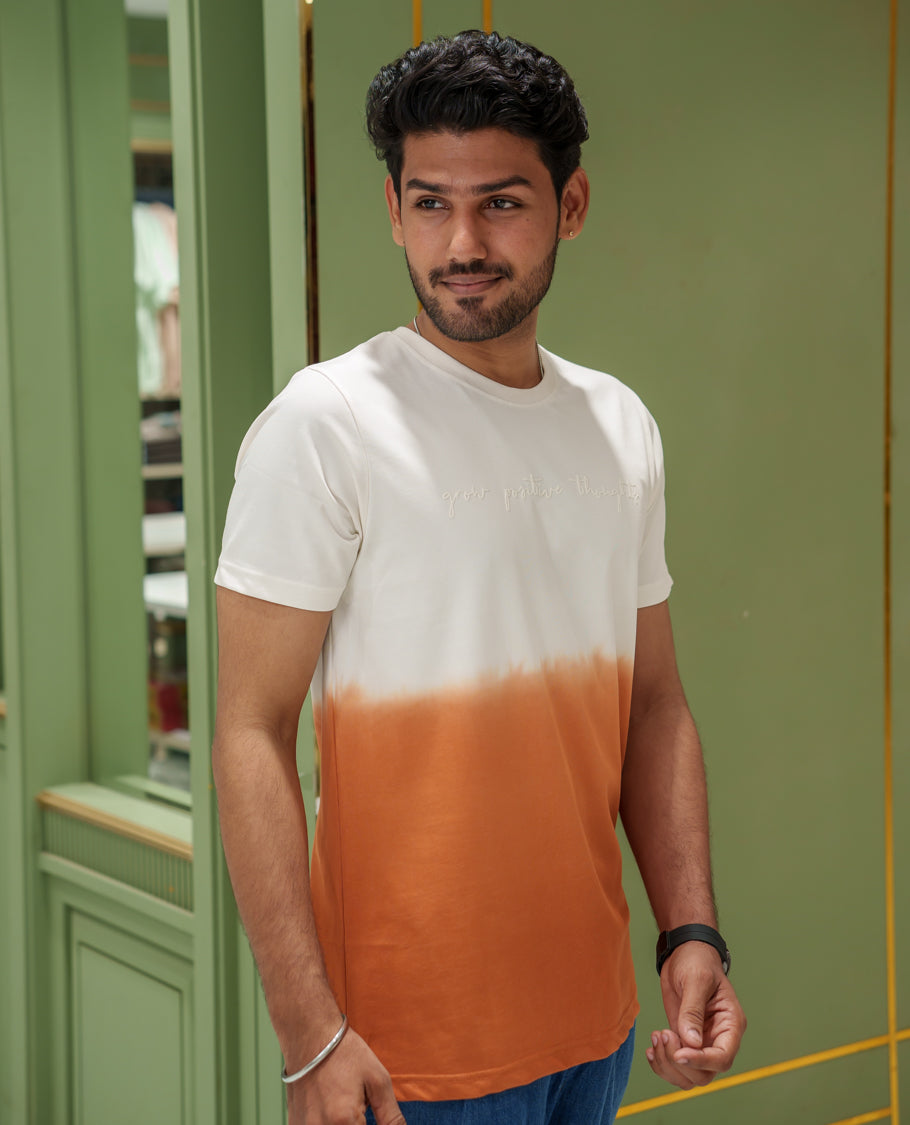 White Cotton-Blended Ombre-Dyed T-Shirt Comes with Typographic Print, Crew Neck, Half Sleeves, Slim Fit, and Regular Length
