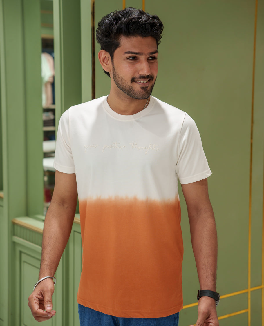 White Cotton-Blended Ombre-Dyed T-Shirt Comes with Typographic Print, Crew Neck, Half Sleeves, Slim Fit, and Regular Length