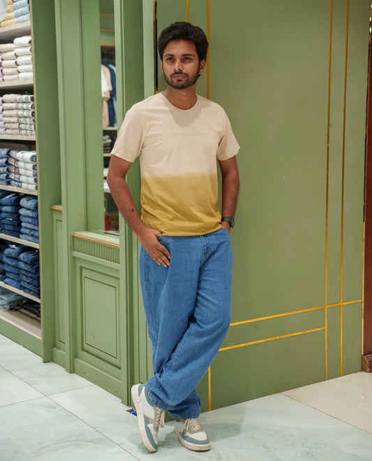 Cream Cotton-Blended Ombre-Dyed T-Shirt Comes with Typographic Print, Crew Neck, Half Sleeves, Slim Fit, and Regular Length