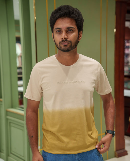 Cream Cotton-Blended Ombre-Dyed T-Shirt Comes with Typographic Print, Crew Neck, Half Sleeves, Slim Fit, and Regular Length