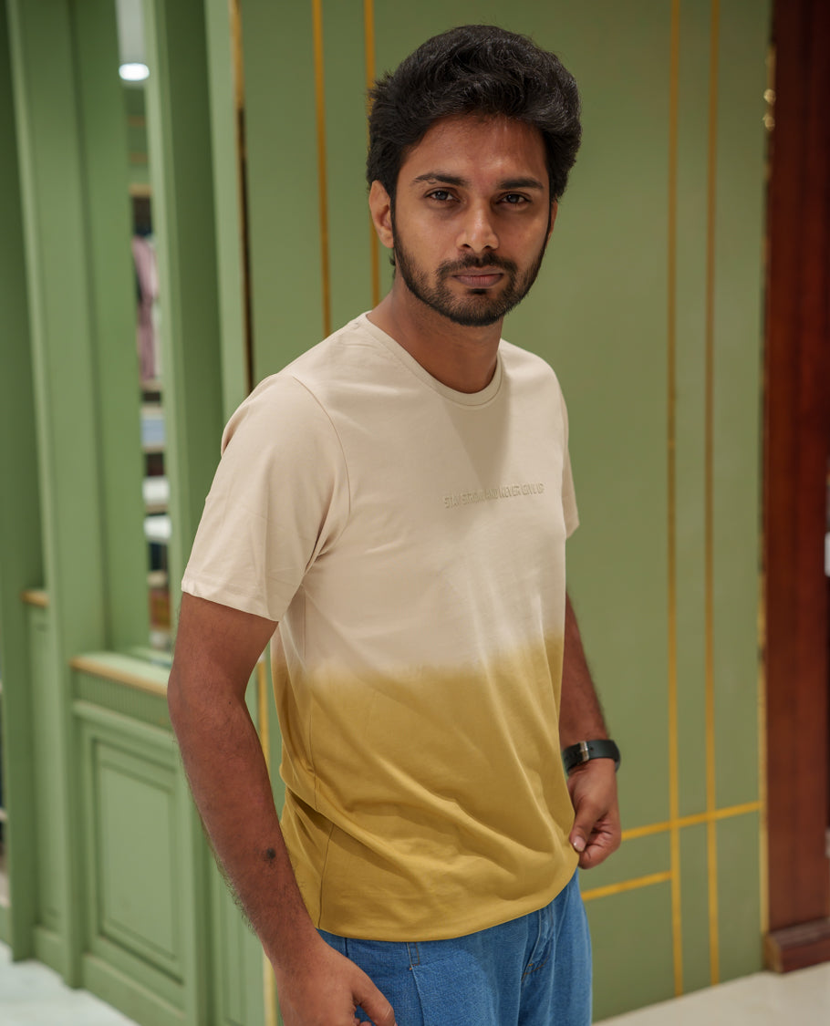 Cream Cotton-Blended Ombre-Dyed T-Shirt Comes with Typographic Print, Crew Neck, Half Sleeves, Slim Fit, and Regular Length