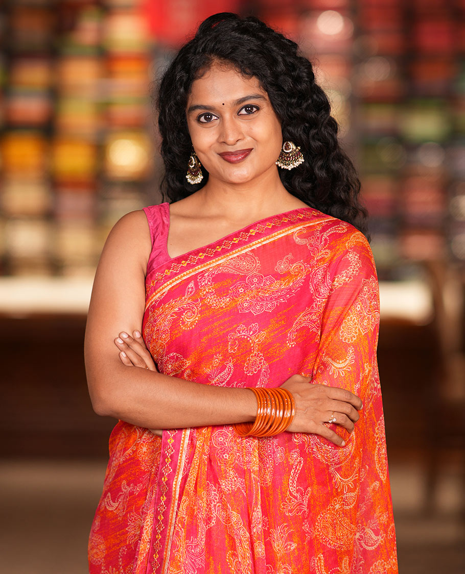 Rani Pink Chiffon Saree, Steeped in Richness of Paisleys, a Subtle Border, a Contrast Blouse