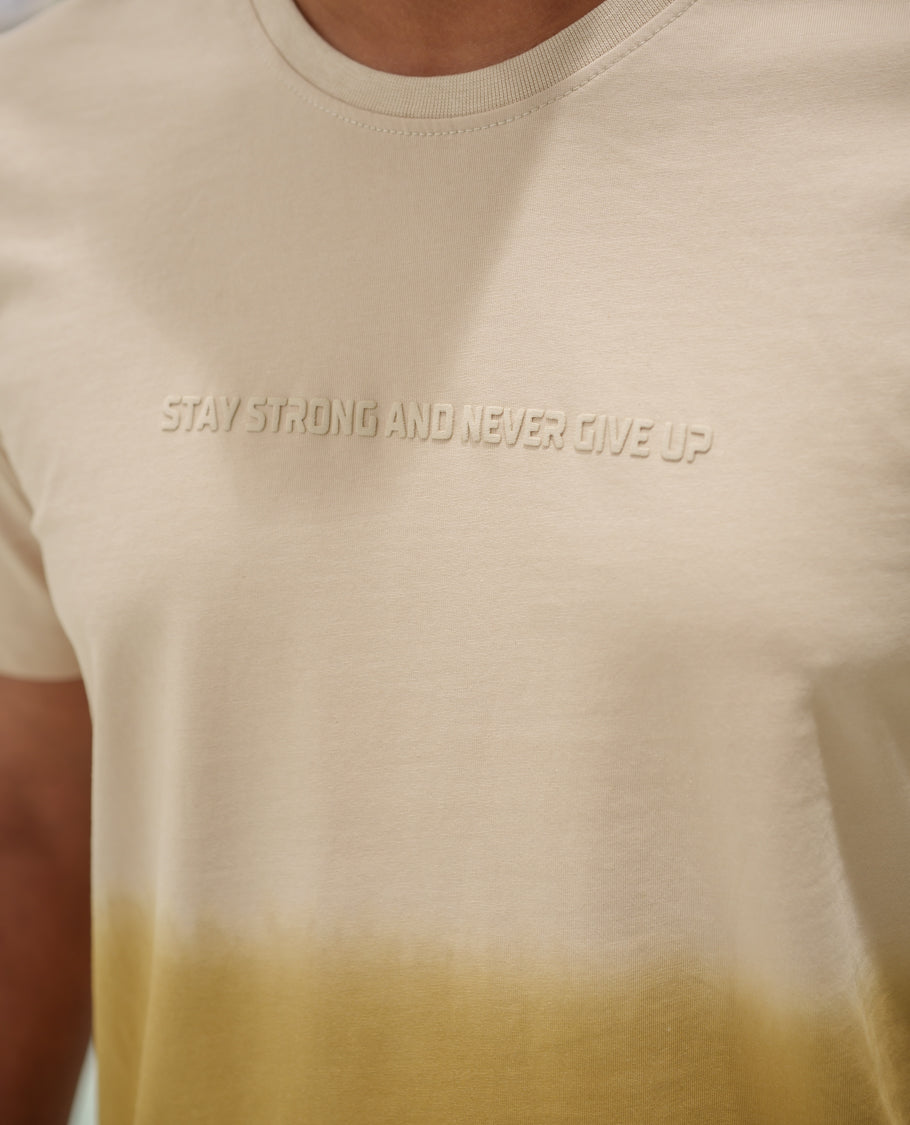 Cream Cotton-Blended Ombre-Dyed T-Shirt Comes with Typographic Print, Crew Neck, Half Sleeves, Slim Fit, and Regular Length