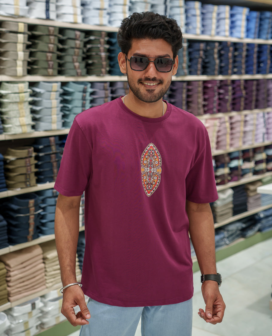 Red Cotton-Blended T-Shirt Comes with an Evil-Themed Back Print, Crew Neck, Half Sleeves, Oversized Fit, and Regular Length