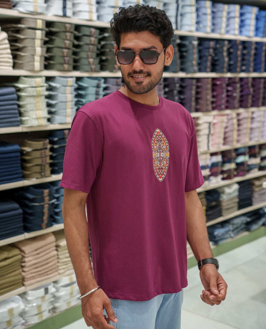Red Cotton-Blended T-Shirt Comes with an Evil-Themed Back Print, Crew Neck, Half Sleeves, Oversized Fit, and Regular Length