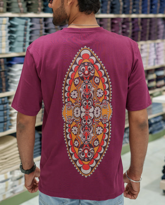 Red Cotton-Blended T-Shirt Comes with an Evil-Themed Back Print, Crew Neck, Half Sleeves, Oversized Fit, and Regular Length