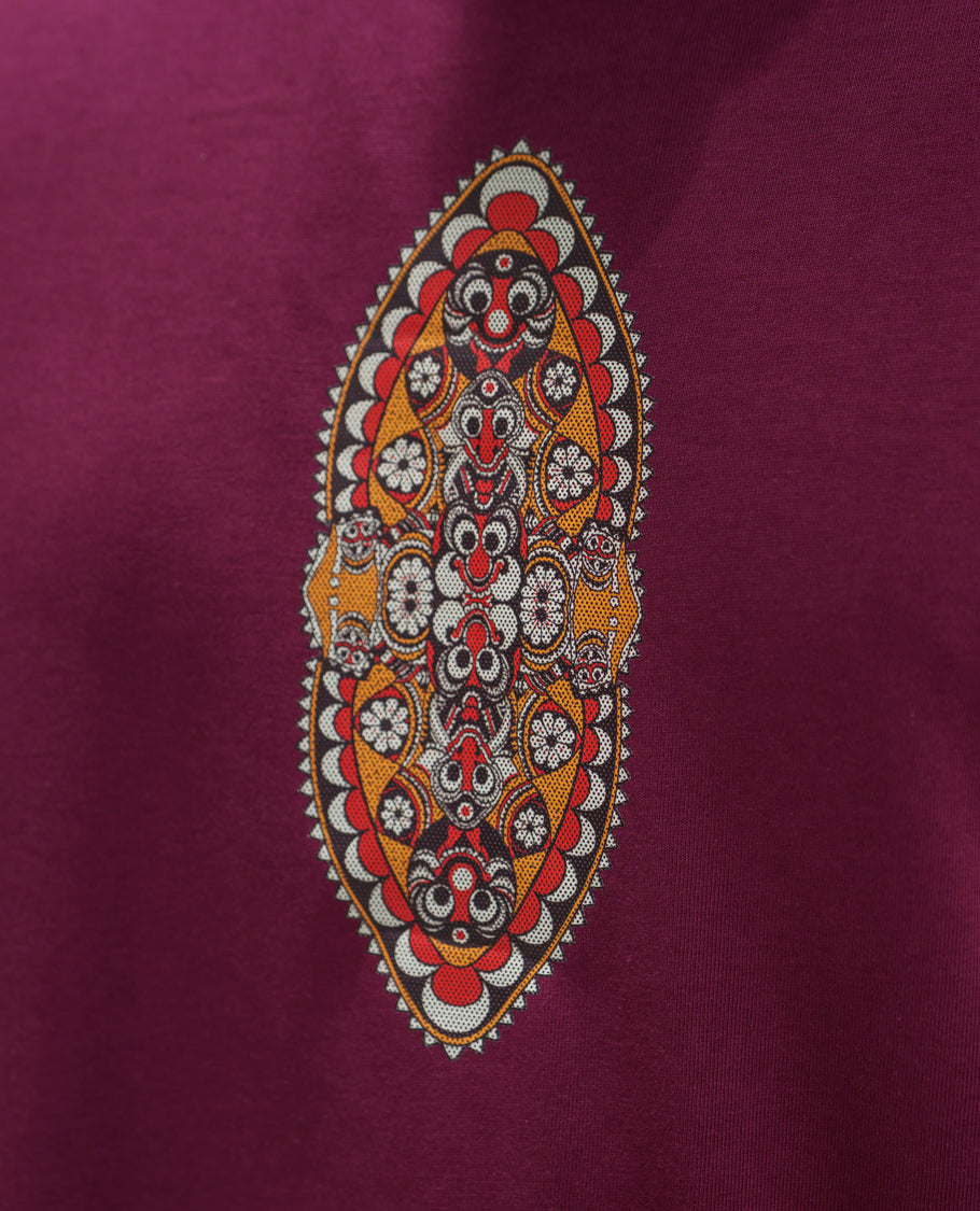 Red Cotton-Blended T-Shirt Comes with an Evil-Themed Back Print, Crew Neck, Half Sleeves, Oversized Fit, and Regular Length