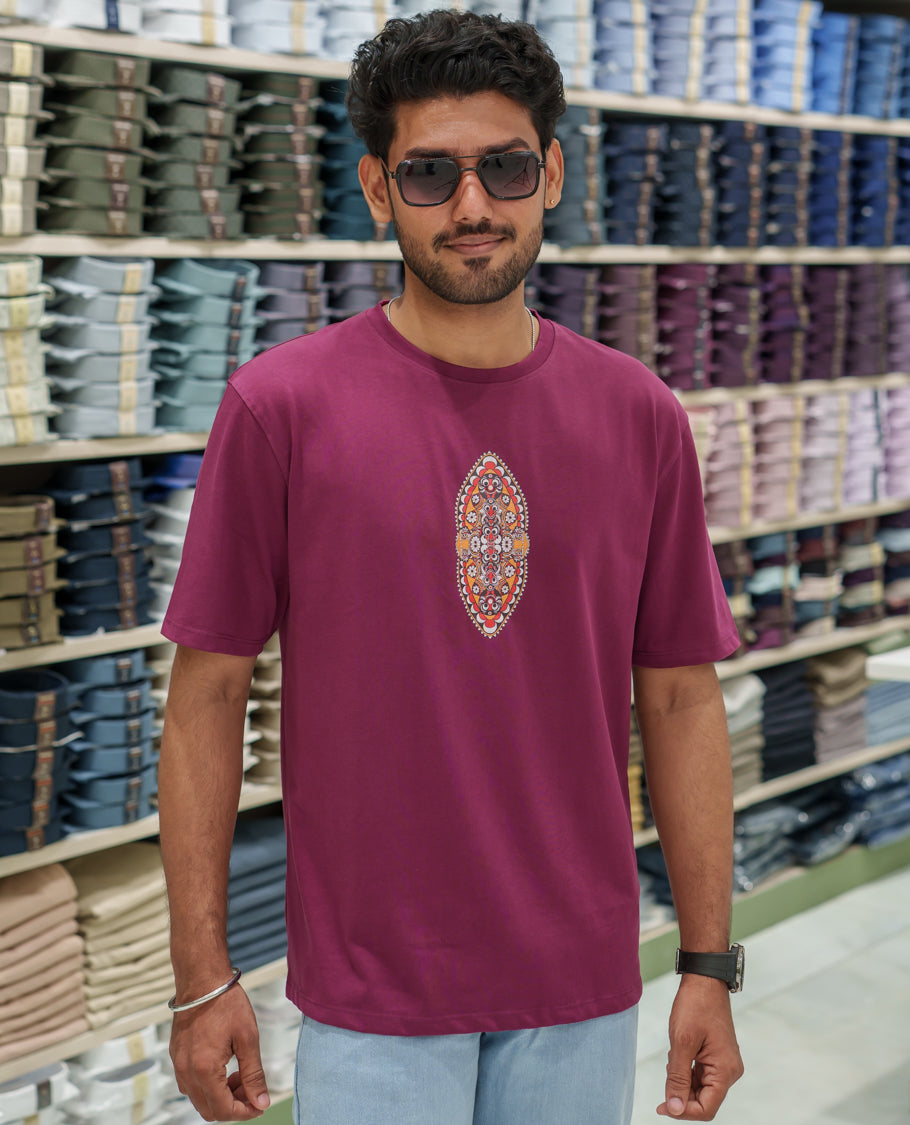 Red Cotton-Blended T-Shirt Comes with an Evil-Themed Back Print, Crew Neck, Half Sleeves, Oversized Fit, and Regular Length