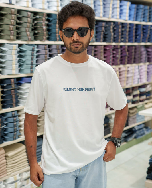 White Cotton-Blended T-Shirt Comes with an Tree-Motifs Back Print, Crew Neck, Half Sleeves, Oversized Fit, and Regular Length