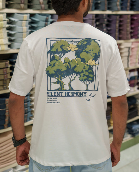 White Cotton-Blended T-Shirt Comes with an Tree-Motifs Back Print, Crew Neck, Half Sleeves, Oversized Fit, and Regular Length