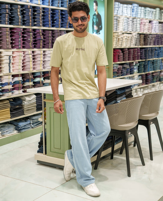 Cream Cotton-Blended T-Shirt Comes with an Deer-Motifs Back Print, Crew Neck, Half Sleeves, Oversized Fit, and Regular Length