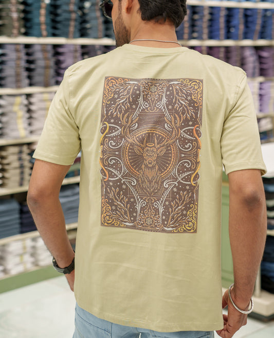 Cream Cotton-Blended T-Shirt Comes with an Deer-Motifs Back Print, Crew Neck, Half Sleeves, Oversized Fit, and Regular Length