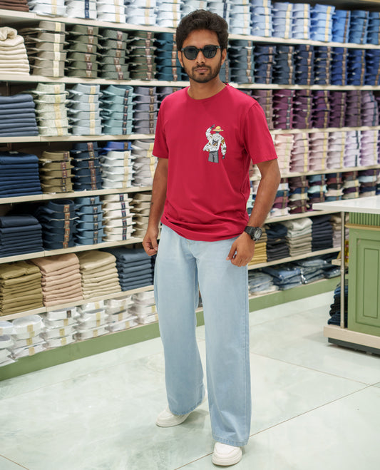 Red Cotton-Blended T-Shirt Comes with an Human-Motifs Back Print, Crew Neck, Half Sleeves, Oversized Fit, and Regular Length