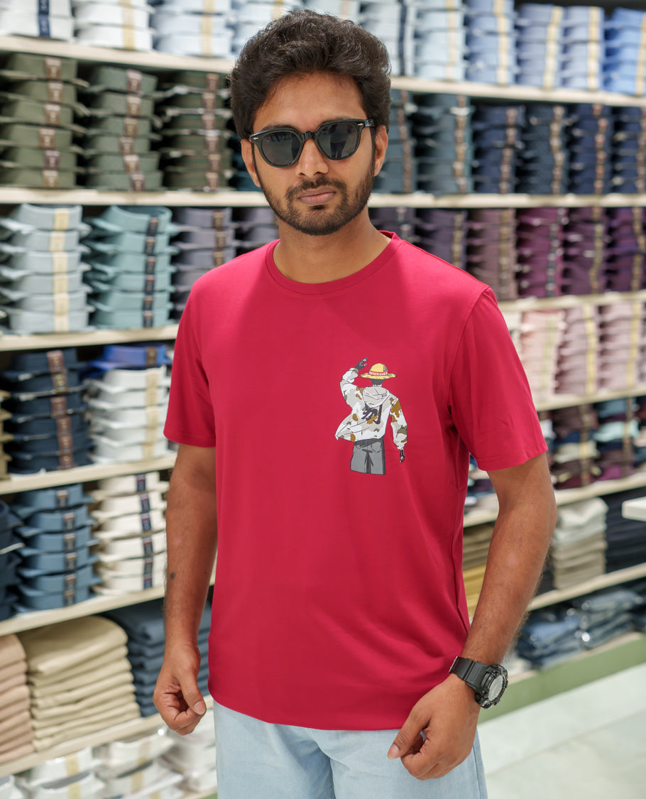 Red Cotton-Blended T-Shirt Comes with an Human-Motifs Back Print, Crew Neck, Half Sleeves, Oversized Fit, and Regular Length