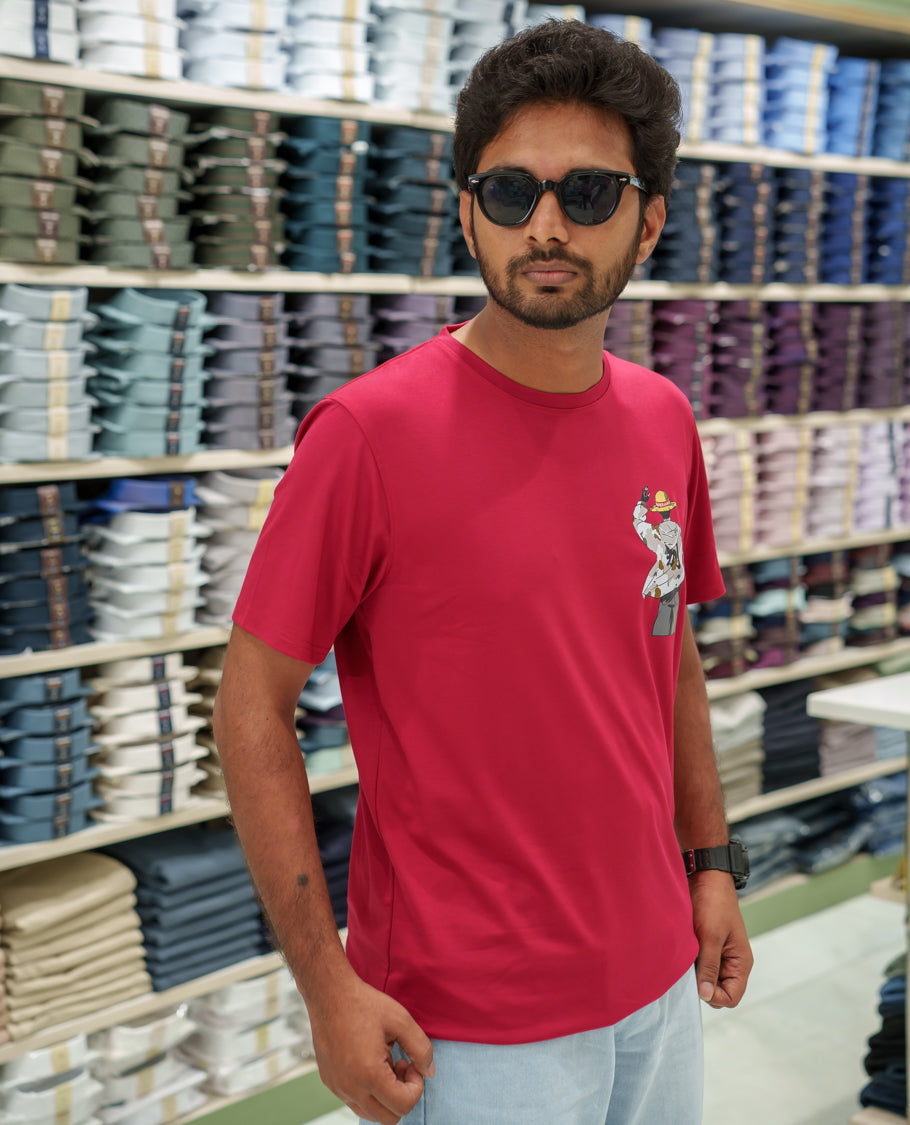 Red Cotton-Blended T-Shirt Comes with an Human-Motifs Back Print, Crew Neck, Half Sleeves, Oversized Fit, and Regular Length