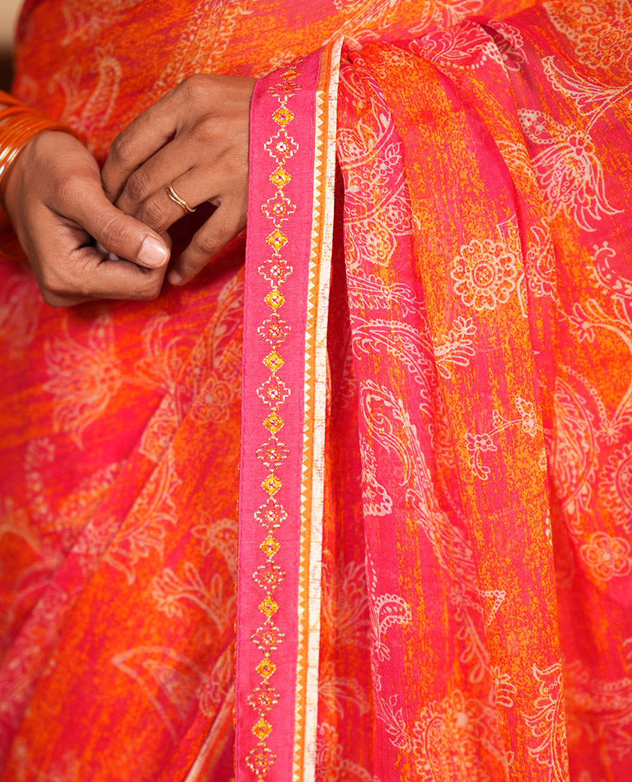 Rani Pink Chiffon Saree, Steeped in Richness of Paisleys, a Subtle Border, a Contrast Blouse