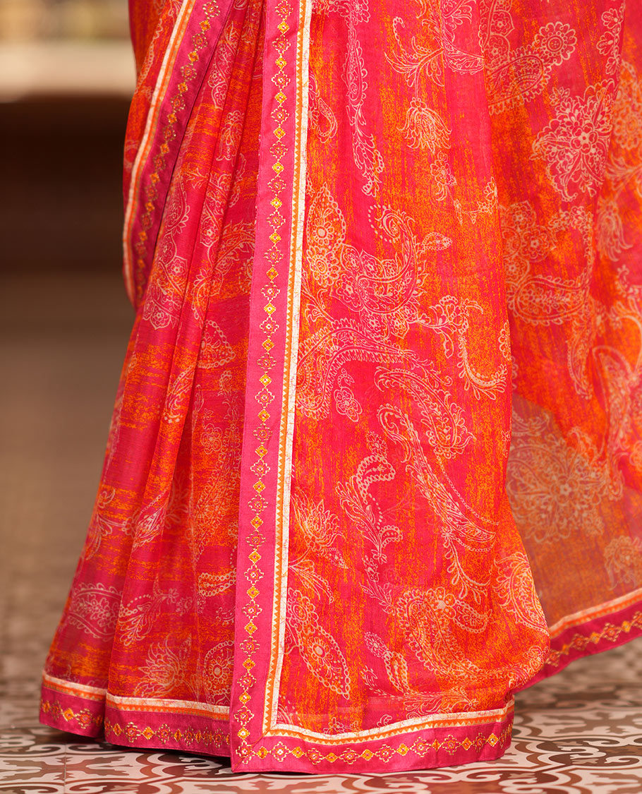 Rani Pink Chiffon Saree, Steeped in Richness of Paisleys, a Subtle Border, a Contrast Blouse