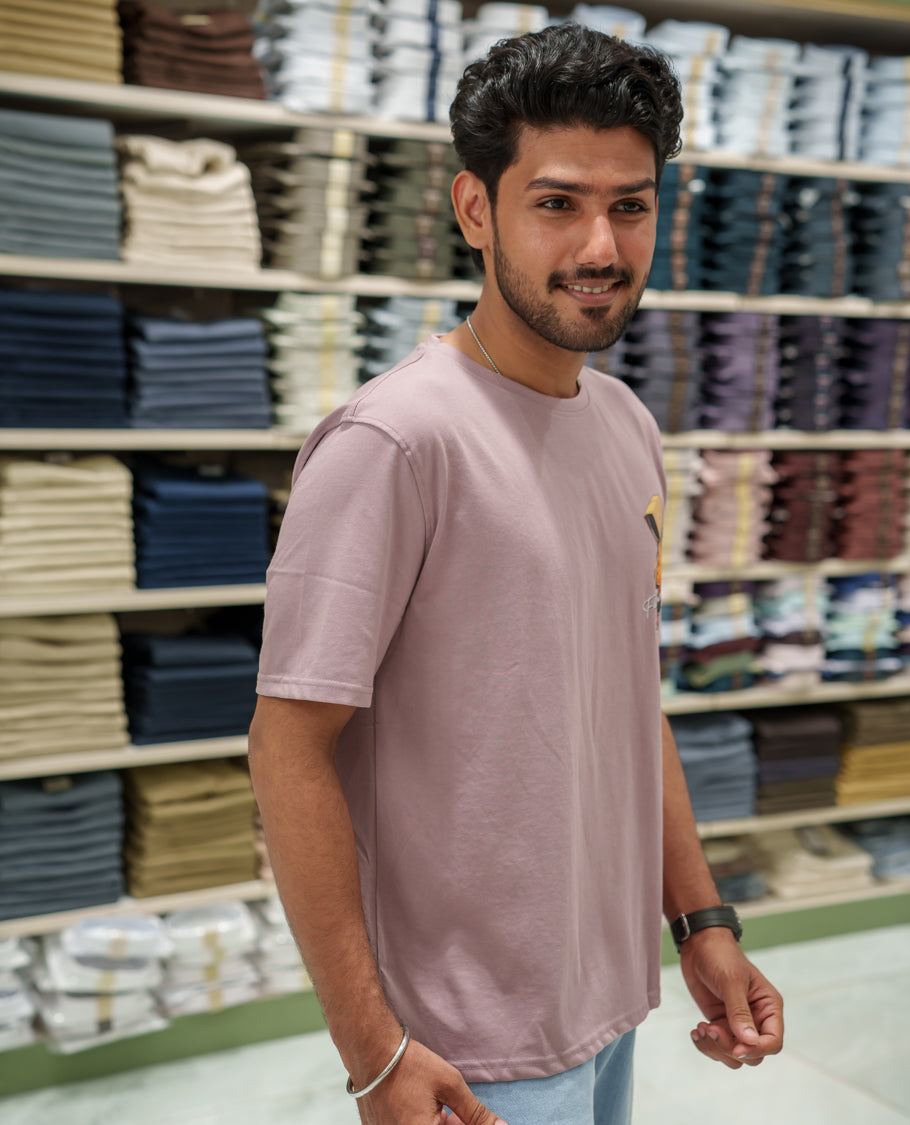 Pink Cotton-Blended T-Shirt Comes with an Robot-Motifs Back Print, Crew Neck, Half Sleeves, Oversized Fit, and Regular Length