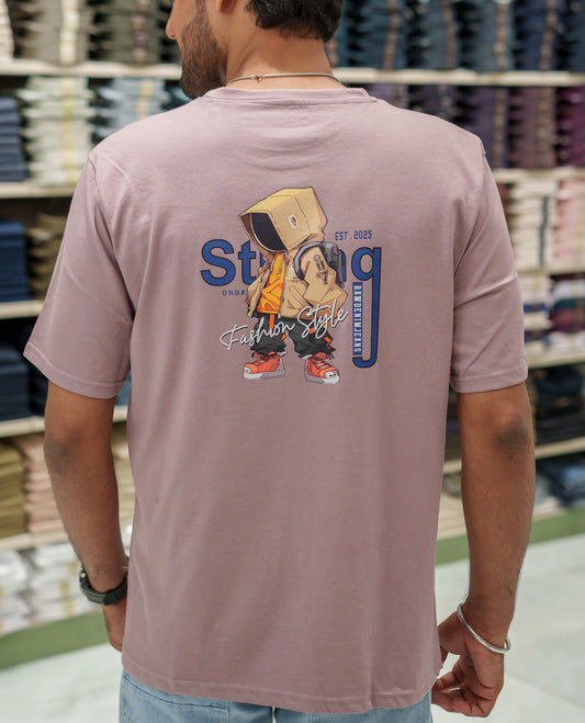 Pink Cotton-Blended T-Shirt Comes with an Robot-Motifs Back Print, Crew Neck, Half Sleeves, Oversized Fit, and Regular Length