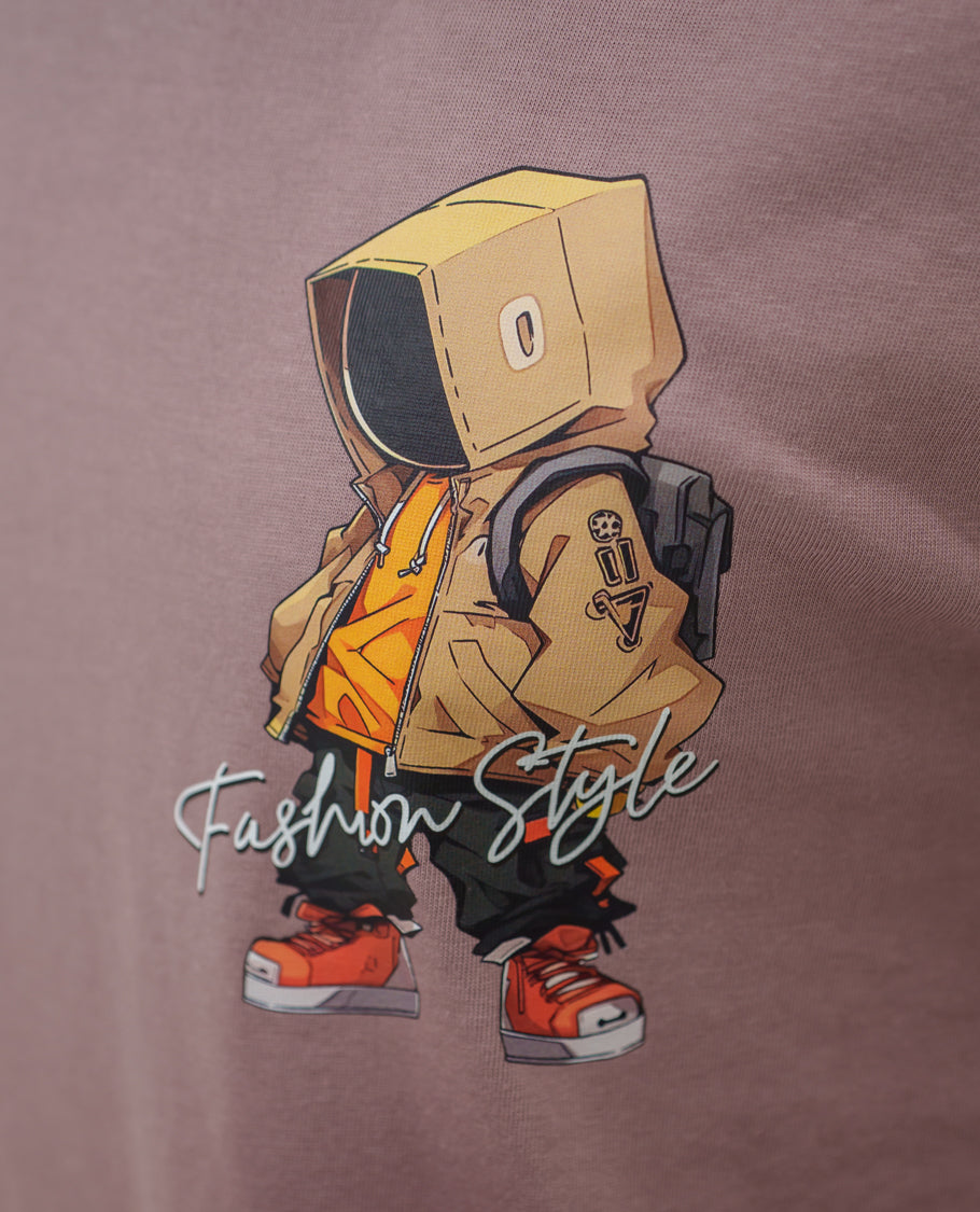 Pink Cotton-Blended T-Shirt Comes with an Robot-Motifs Back Print, Crew Neck, Half Sleeves, Oversized Fit, and Regular Length