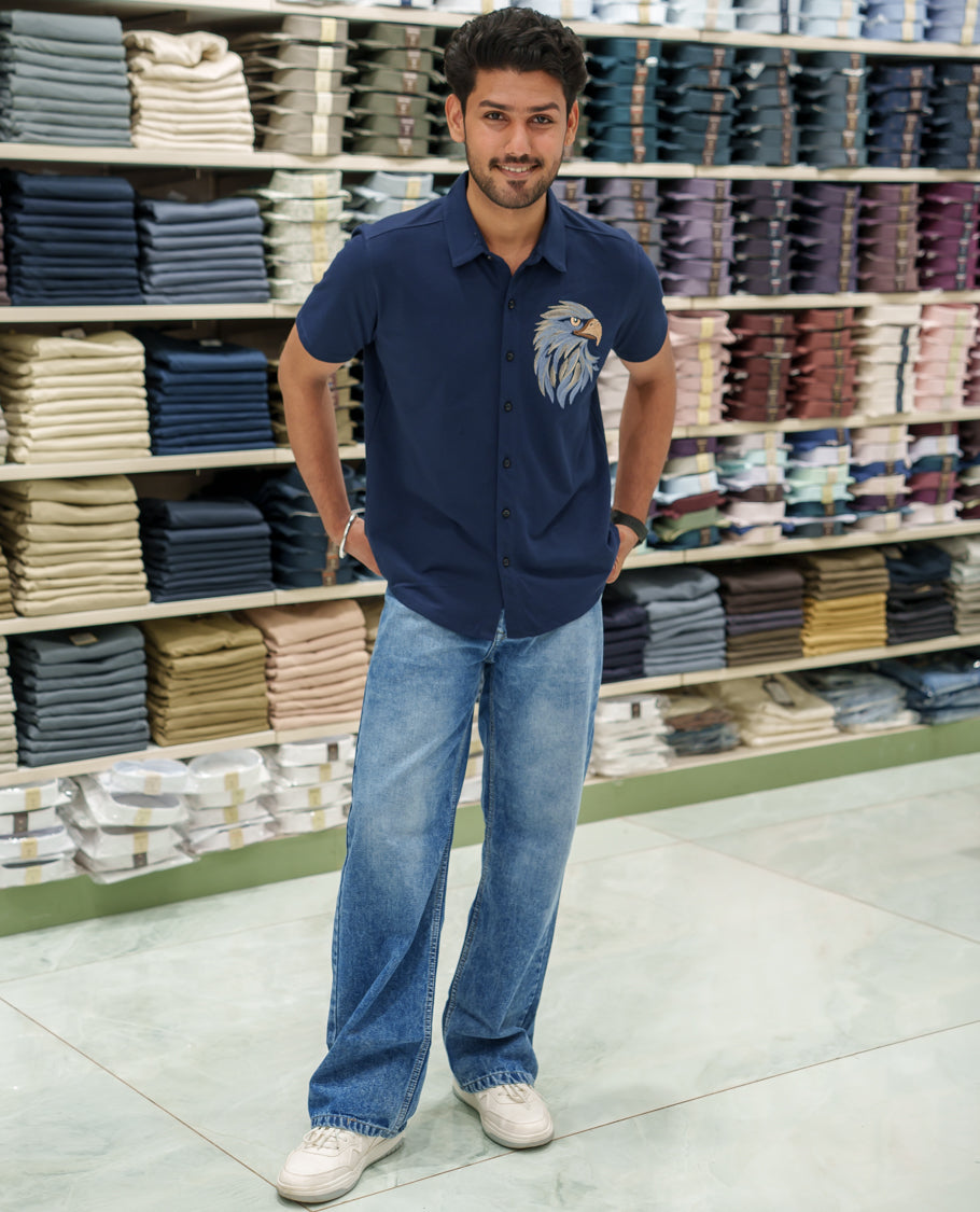 Navy Blue Cotton-Blended Casual Shirt Comes with Eagle Motif Embroidery, Spread Collar, Half Sleeves, Regular Fit, and Regular Length