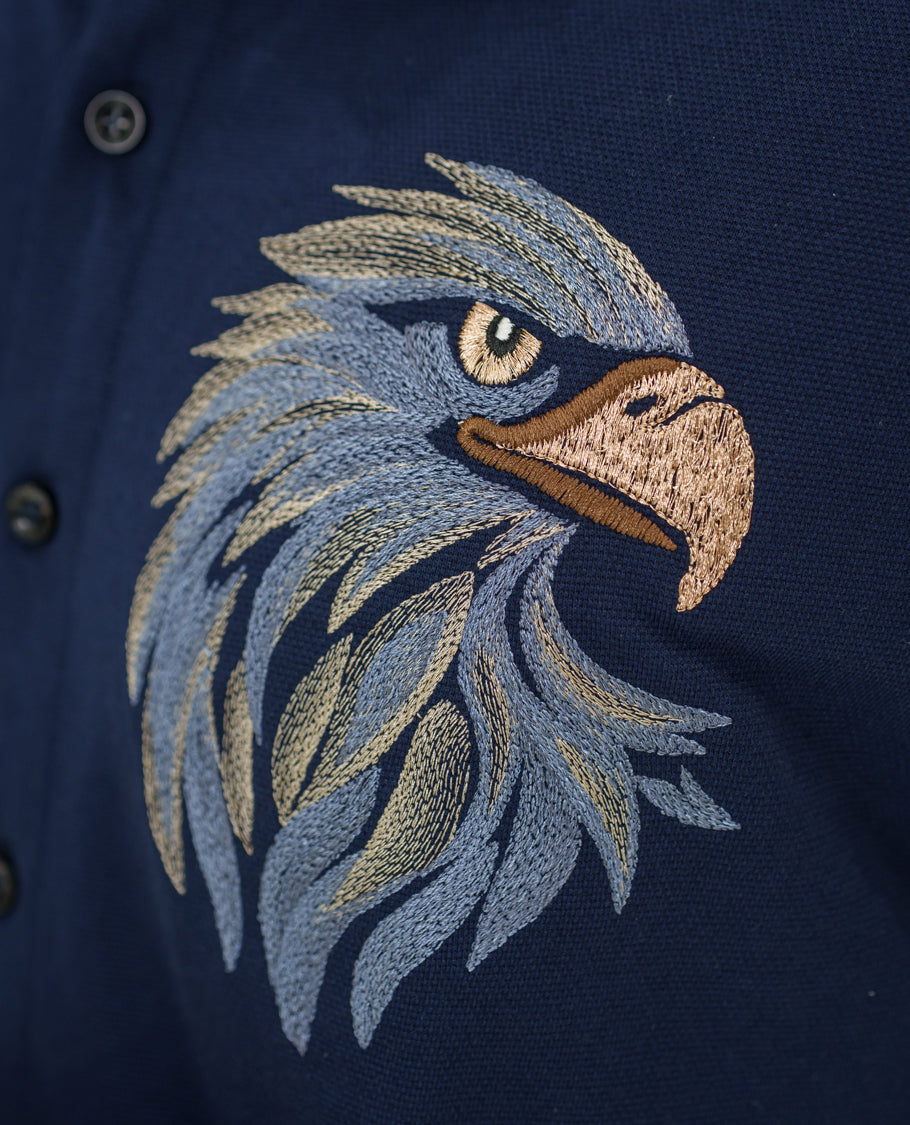 Navy Blue Cotton-Blended Casual Shirt Comes with Eagle Motif Embroidery, Spread Collar, Half Sleeves, Regular Fit, and Regular Length