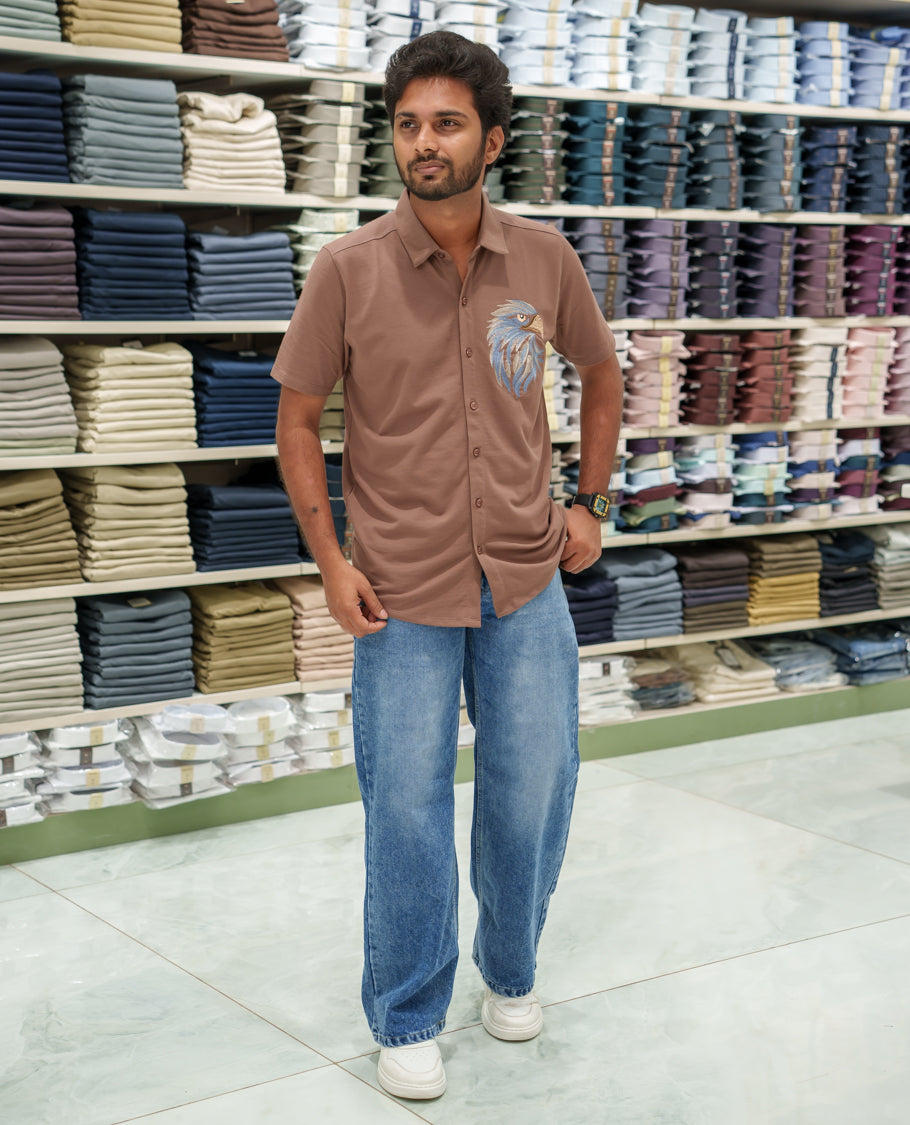 Brown Cotton-Blended Casual Shirt Comes with Eagle Motif Embroidery, Spread Collar, Half Sleeves, Regular Fit, and Regular Length