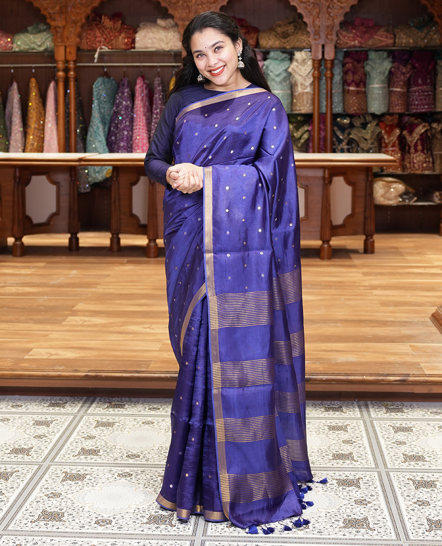 Royal blue zari buttas banana pith silk saree, zari bavanji border, zari striped pallu, and a matching zari design blouse