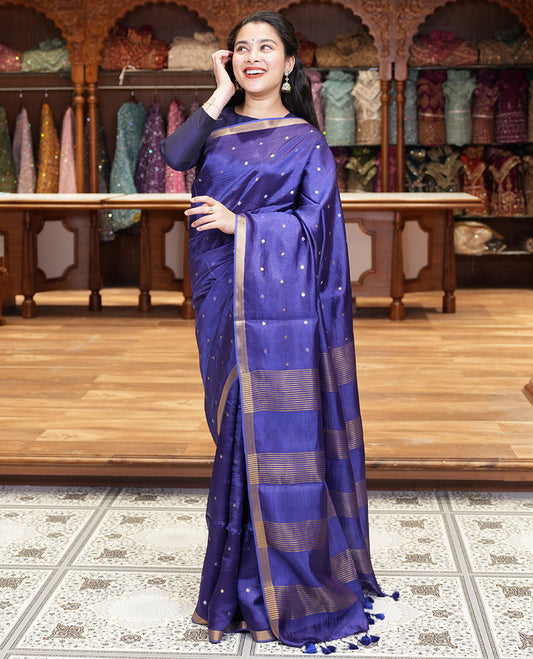 Royal blue zari buttas banana pith silk saree, zari bavanji border, zari striped pallu, and a matching zari design blouse