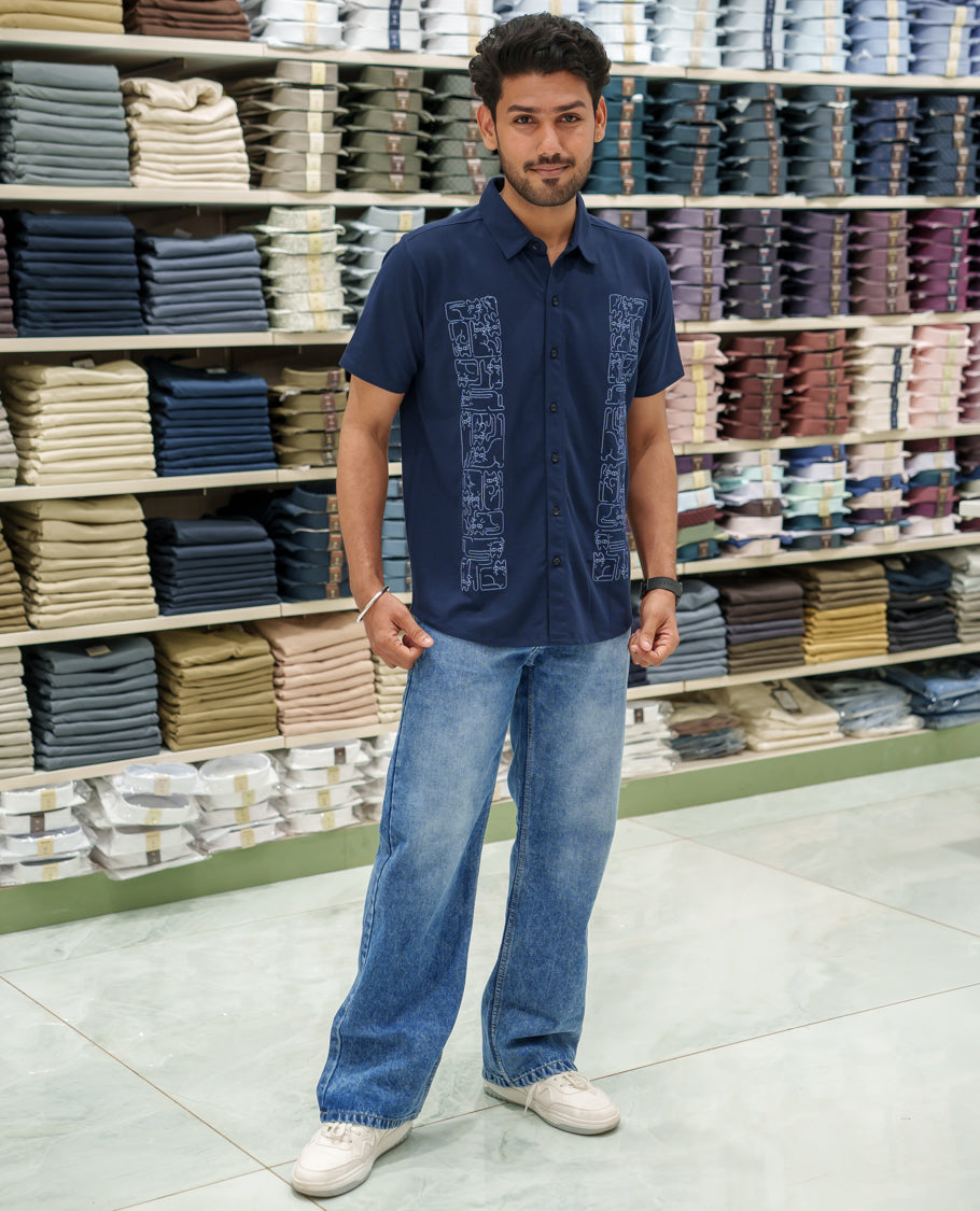 Navy Blue Cotton-Blended Casual Shirt Comes with Cat-Themed Thread Embroidery, Spread Collar, Half Sleeves, Regular Fit, and Regular Length