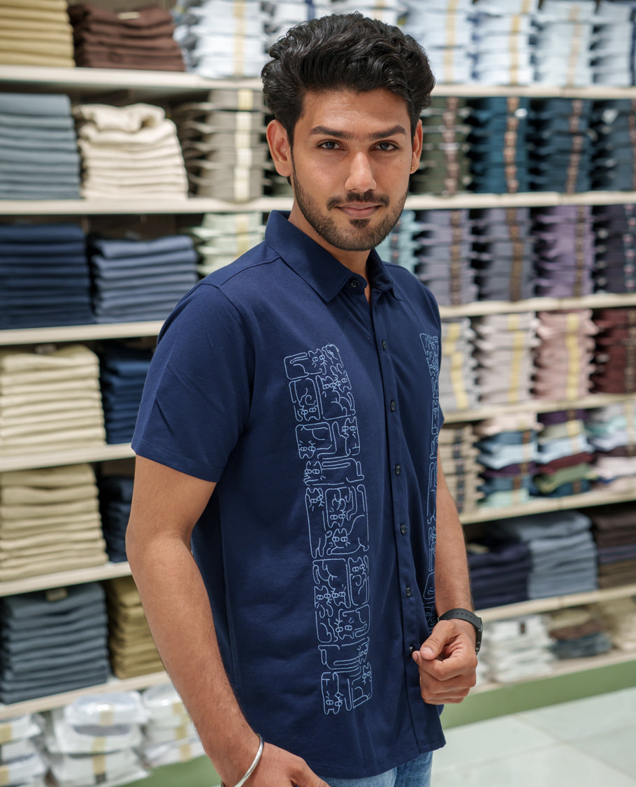 Navy Blue Cotton-Blended Casual Shirt Comes with Cat-Themed Thread Embroidery, Spread Collar, Half Sleeves, Regular Fit, and Regular Length