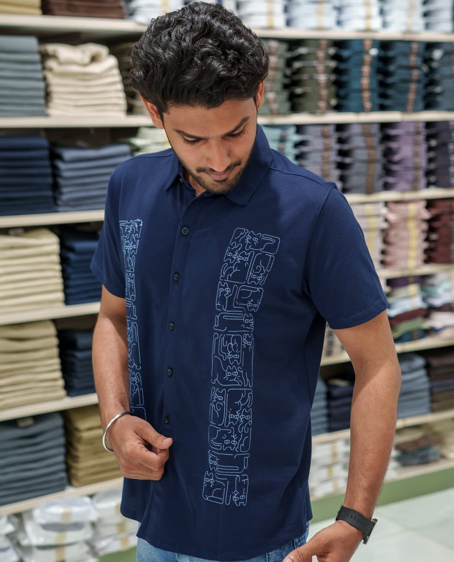 Navy Blue Cotton-Blended Casual Shirt Comes with Cat-Themed Thread Embroidery, Spread Collar, Half Sleeves, Regular Fit, and Regular Length