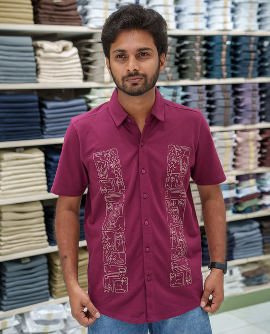 Red Cotton-Blended Casual Shirt Comes with Cat-Themed Thread Embroidery, Spread Collar, Half Sleeves, Regular Fit, and Regular Length