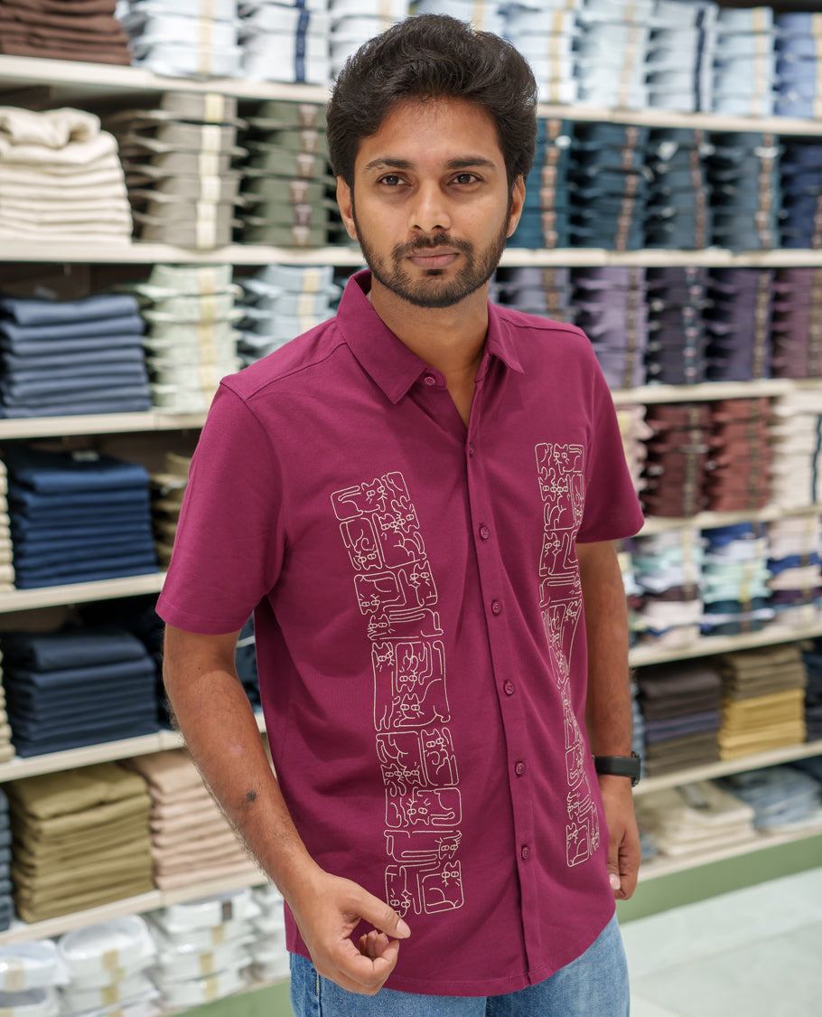 Red Cotton-Blended Casual Shirt Comes with Cat-Themed Thread Embroidery, Spread Collar, Half Sleeves, Regular Fit, and Regular Length