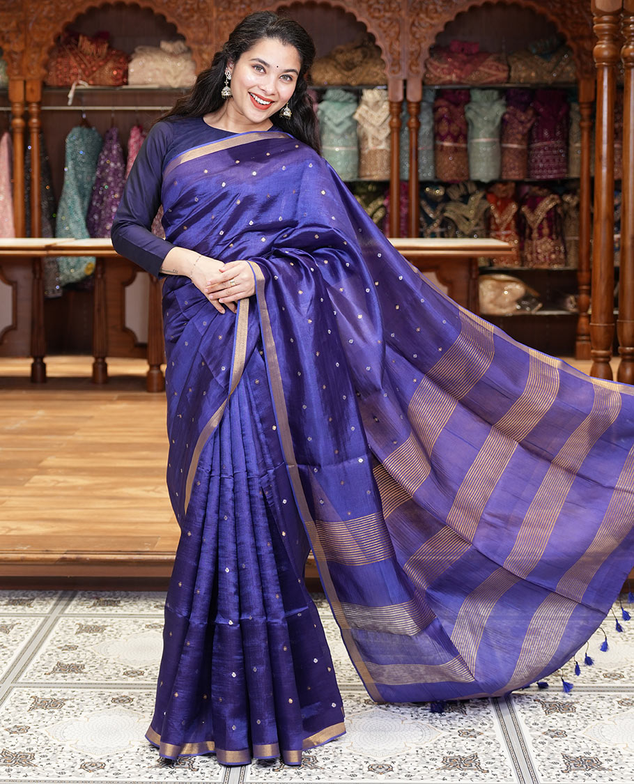 Royal blue zari buttas banana pith silk saree, zari bavanji border, zari striped pallu, and a matching zari design blouse