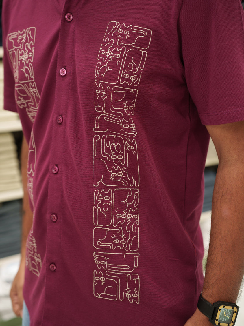 Red Cotton-Blended Casual Shirt Comes with Cat-Themed Thread Embroidery, Spread Collar, Half Sleeves, Regular Fit, and Regular Length