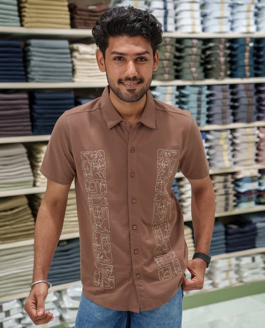 Brown Cotton-Blended Casual Shirt Comes with Cat-Themed Thread Embroidery, Spread Collar, Half Sleeves, Regular Fit, and Regular Length