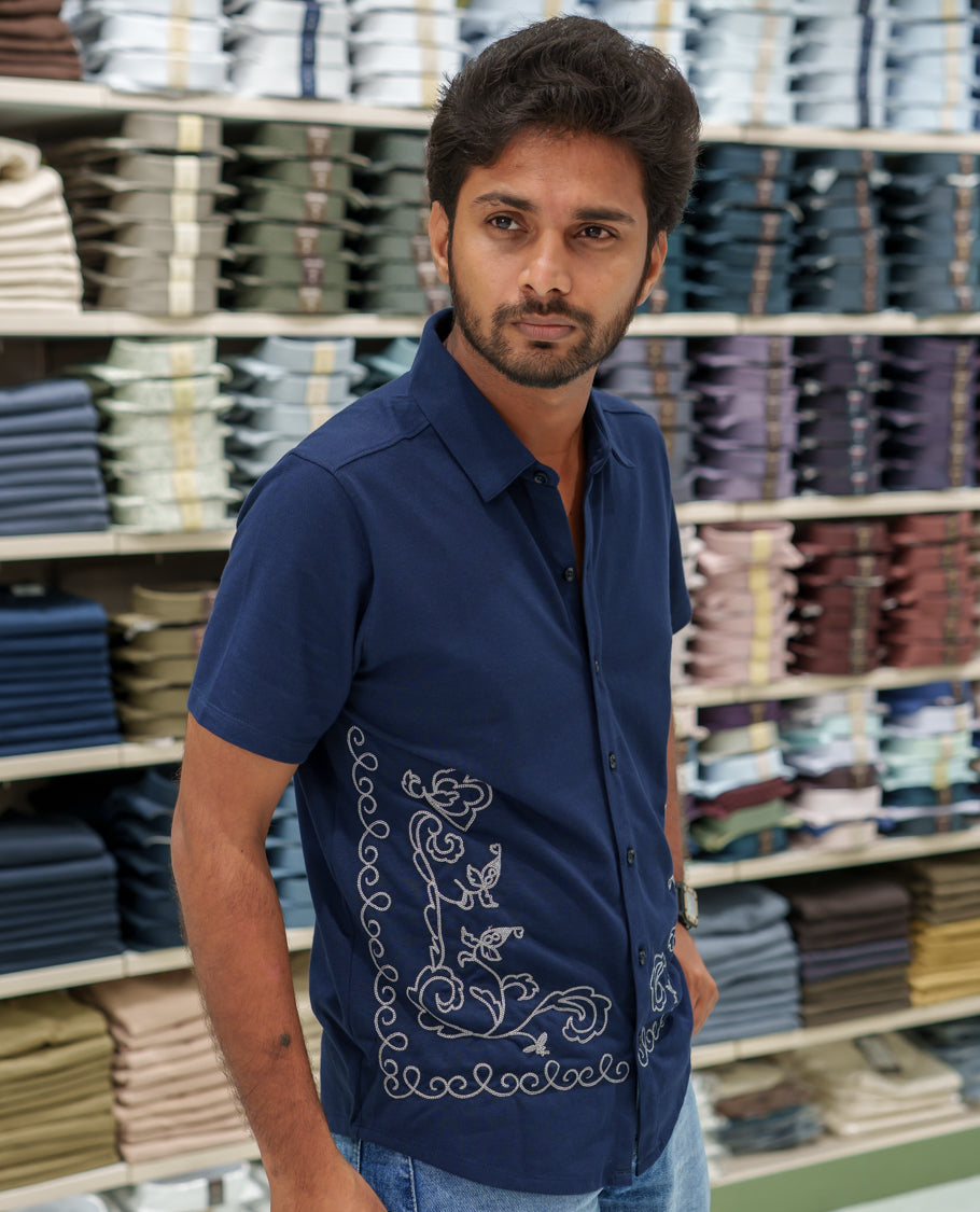 Navy Blue Cotton-Blended Casual Shirt Comes with Floral-Themed Thread Embroidery, Spread Collar, Half Sleeves, Regular Fit, and Regular Length