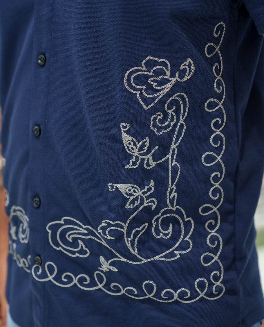 Navy Blue Cotton-Blended Casual Shirt Comes with Floral-Themed Thread Embroidery, Spread Collar, Half Sleeves, Regular Fit, and Regular Length