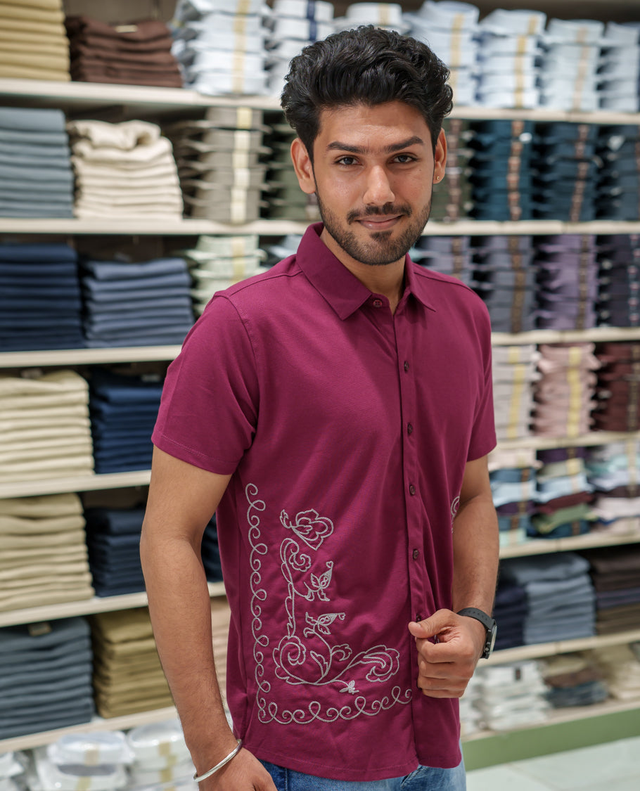 Red Cotton-Blended Casual Shirt Comes with Floral-Themed Thread Embroidery, Spread Collar, Half Sleeves, Regular Fit, and Regular Length