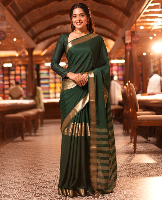 Bottle Green Traditional Zari Woven Mysore Silk Saree, a Zari Border, Striped Pallu, and a Matching Blouse